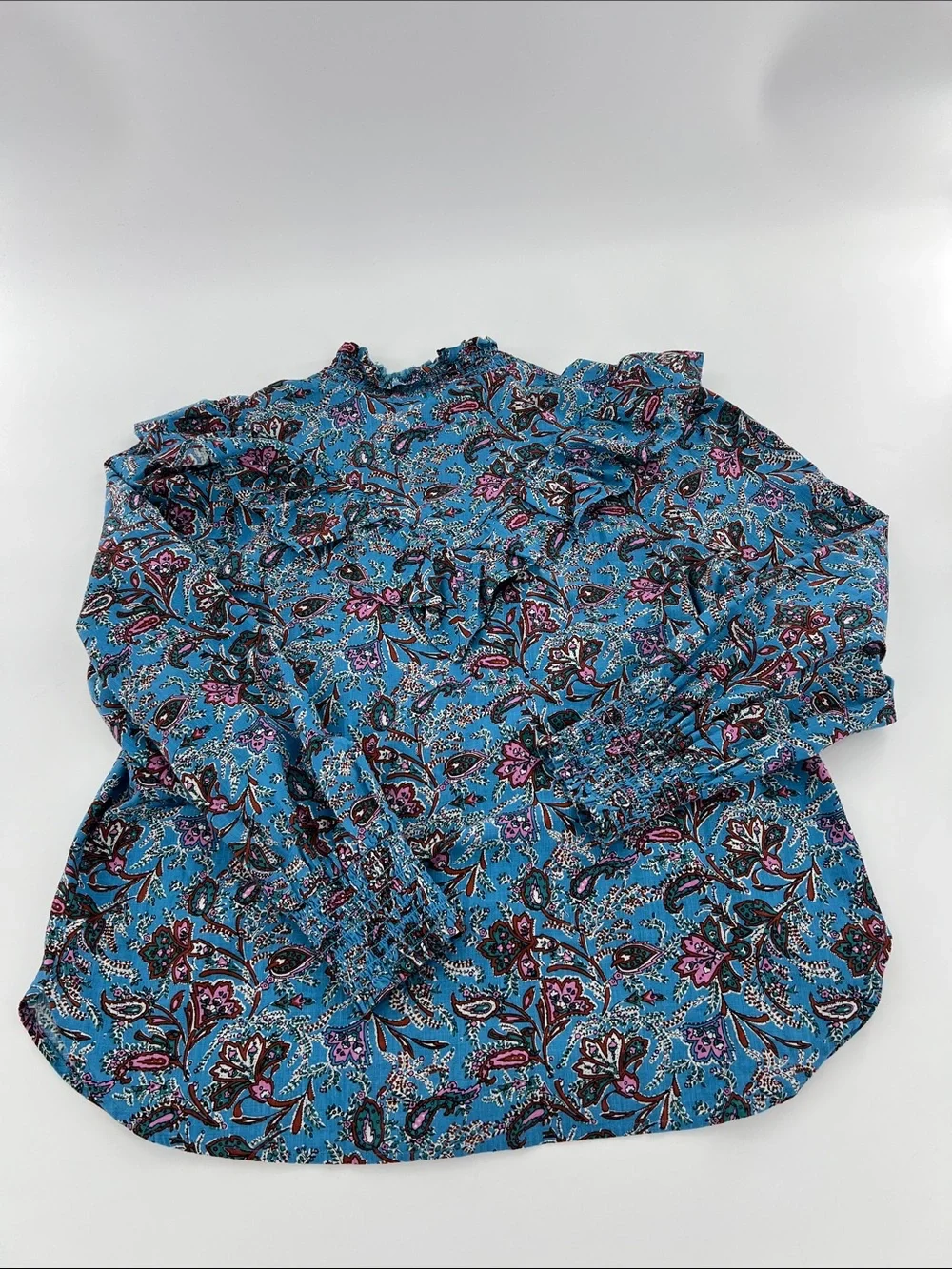 LOFT Bouquet Ruffle Blue Yoke Long Sleeve Button Down Puff Sleeve Shirt‎ Sz L